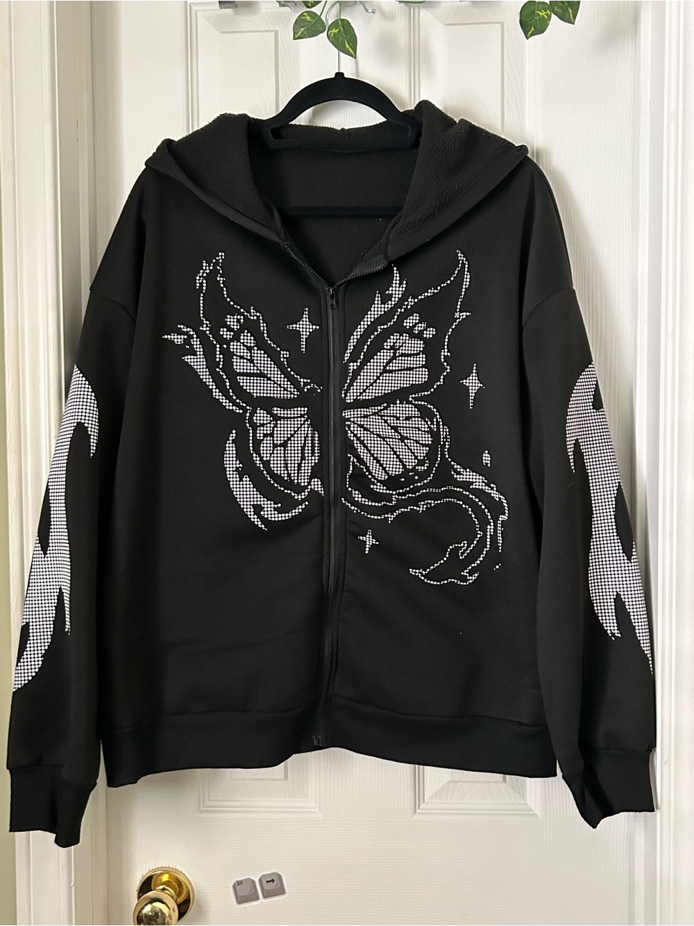 SHEIN Black Butterfly Zip Hoodie with White Pixel Graphic